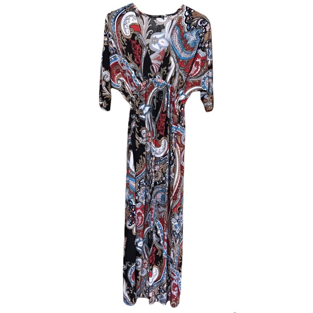 Women Summer Maxi Long Dress, Drape Mid-Sleeve, Multicolor, Medium